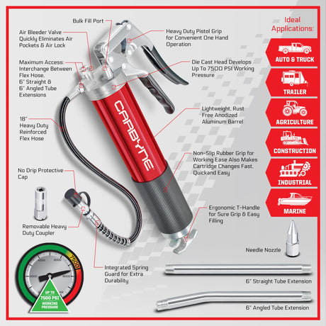 Carbyne Grease Gun - Pistol Grip, 7500 PSI, Heavy Duty Professional Quality, Anodized Aluminum Barrel. 18" HD Flex Hose w/Spring, 6" Straight & 6" Angled Tube, Coupler & Needle Noze, 3-Way Loading Carbyne