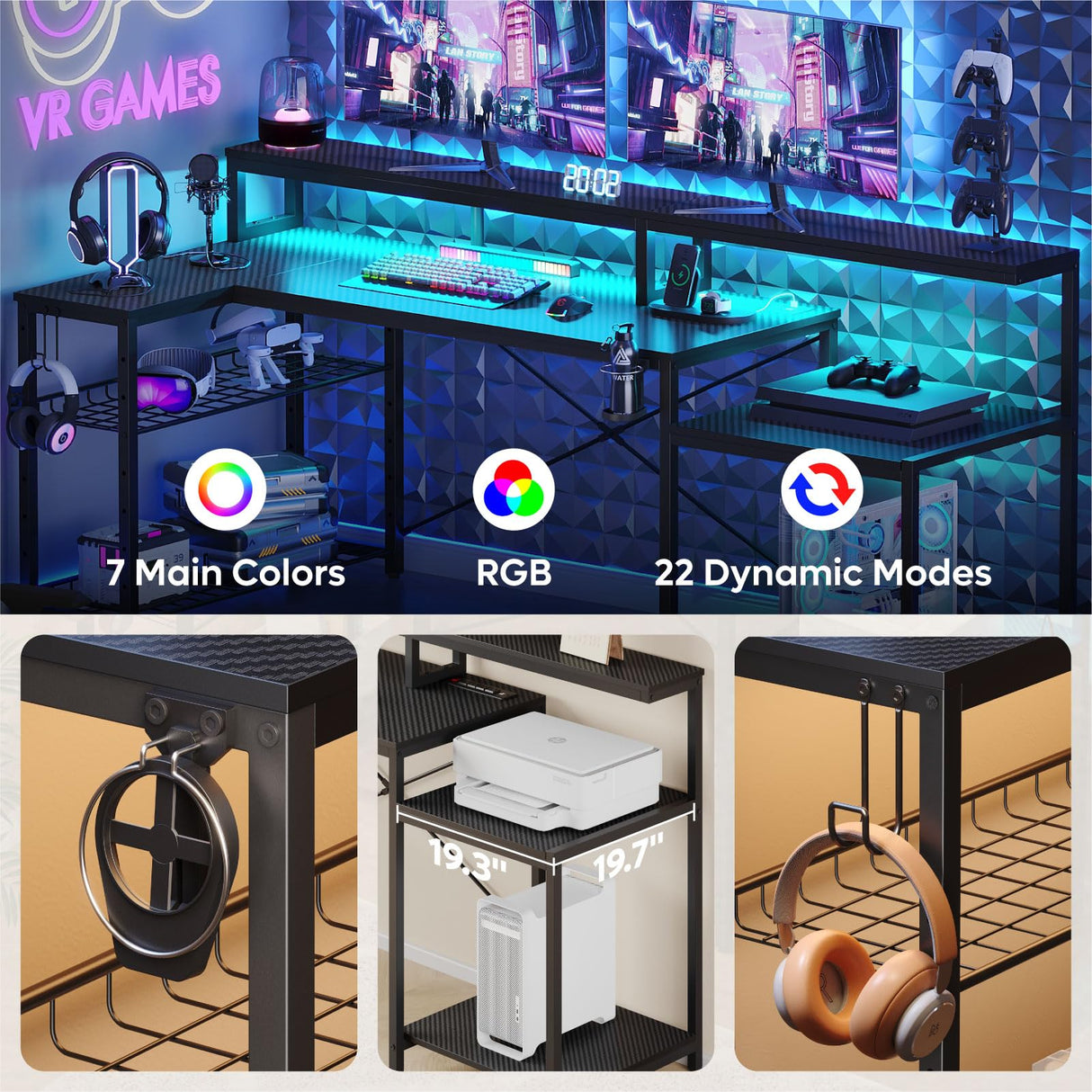 Bestier Gaming Desk with Power Outlets, 71.5 LED Computer Desk with Long Monitor Stand, Large L Shaped Corner Desk with Storage Shelf, Cup Holder Headset Hooks, Cool Desk for Gaming Room, Black Bestier