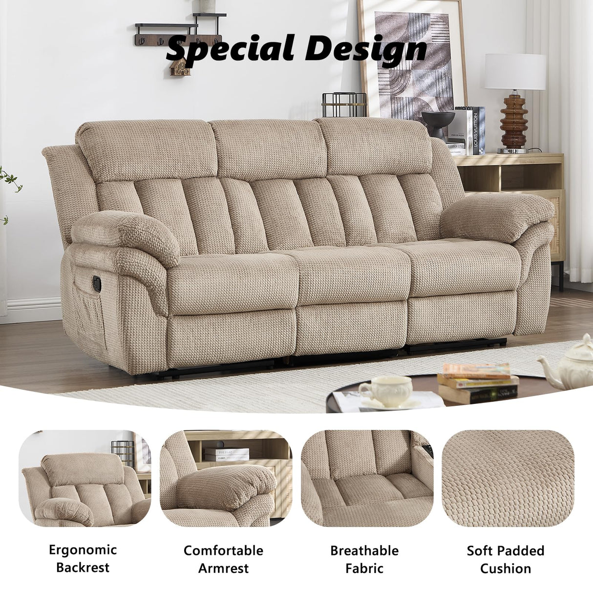 CANMOV Recliner Sofa Set, Manual Reclining Sofa with Overstuffed Armrest for Living Room,Bedroom Furniture,Office,3 Seat Light Brown CANMOV