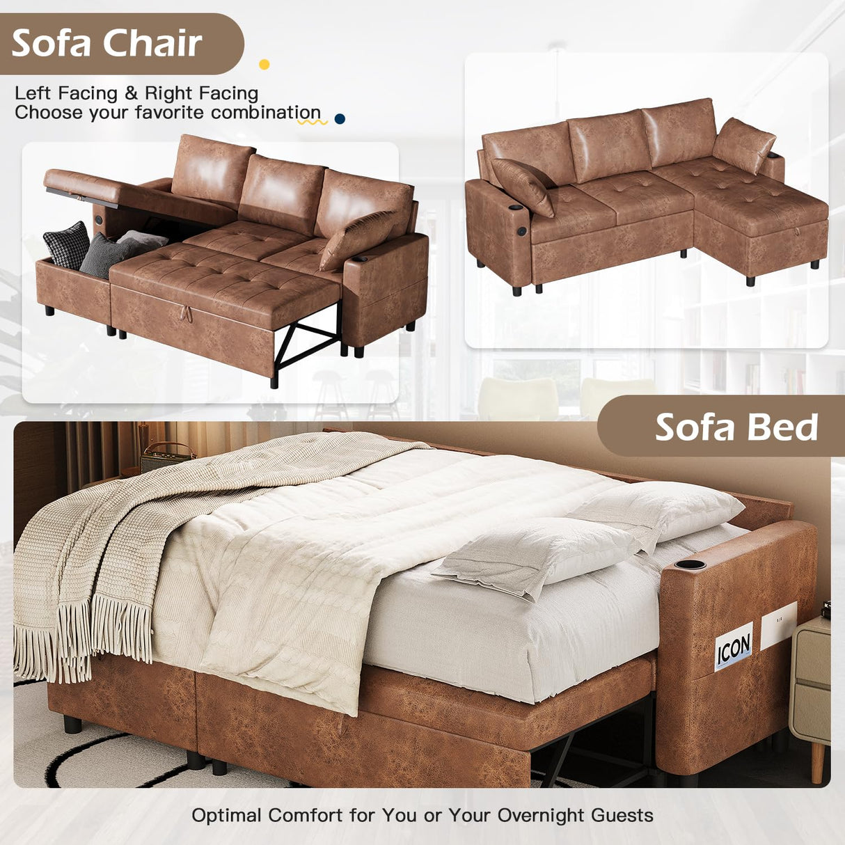 Esright Sleeper Sofa Couch with Pullout Bed, Faux Leather Sofa Bed Pull Out Couch with Reversible Storage Chaise, L Shaped Sectional Sleeper Sofa Couches for Living Room Clearance, Brown Esright