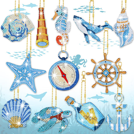 BBTO 15 Pcs Summer Ocean Diamond Painting Keychains Kits 5D DIY Summer Diamond Art Painting Keyrings Sea Animals Theme Key Chains for Beach Party Crafts Ornaments BBTO