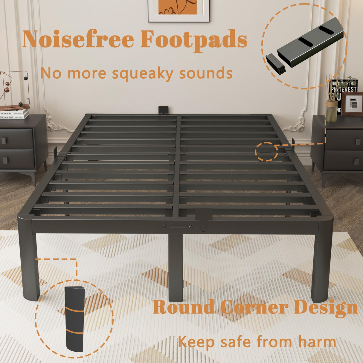 KOSOSO 14 Inch King Size Bed Frame, Black King Bed Frame with Metal Anti-Slip Baffles, No Box Spring Needed, Heavy Duty Steel Platform Support, Round Corner Design, Noiseless, Storage Space KOSOSO