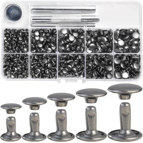 YORANYO 340 Sets Leather Rivets Kit Mixed Sizes Rivets for Leather Double Cap Rivets Studs for Clothing Fabric with Leather Crafting Rivet Tool for Repair Decorate Clothes Shoes Bags Belts (Gunmetal) YORANYO
