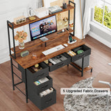 Korfile Computer Gaming Desk with Hutch, Home Office Desk with Power Outlets, LED Light, 5 Storage Drawers, 2 Tiers Shelves for Display, 47 Inch Modern Study Writing Table for Bedroom, Rustic Brown Korfile