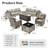 11 Pieces Outdoor Sectional Patio Furniture Set with 54" Fire Pit,Wicker Conversation Sets Rattan L Shaped Couch Swivel Rocking Chairs,Modular Outdoor Sofa for Porch Balcony Backyard Dark Grey ORMONO