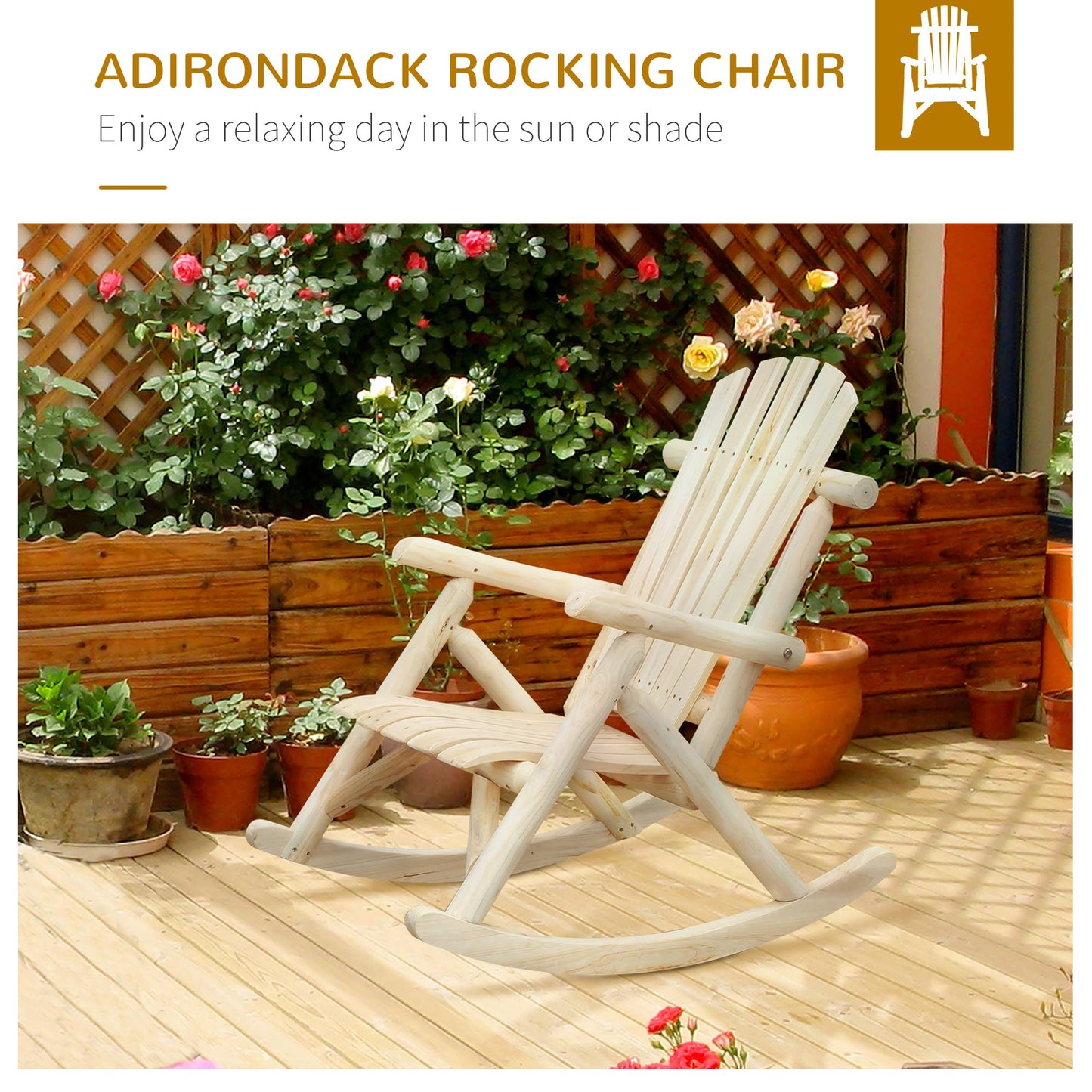 Outsunny Outdoor Wooden Rocking Chair, Single-Person Adirondack Rocking Patio Chair with Rustic High Back, Slatted Seat and Backrest for Indoor, Backyard, Garden, Natural - WoodArtSupply