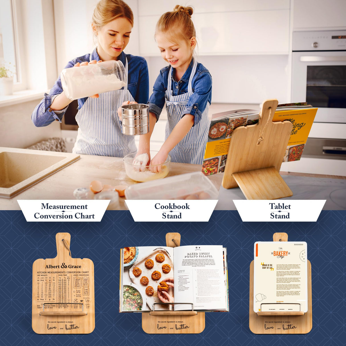 Albert&Grace Adjustable Bamboo Cookbook Stand with Conversion Chart – Recipe Book Holder for Kitchen Counter, Large Wooden Stand for Cookbooks, Tablets, & iPads Albert&Grace