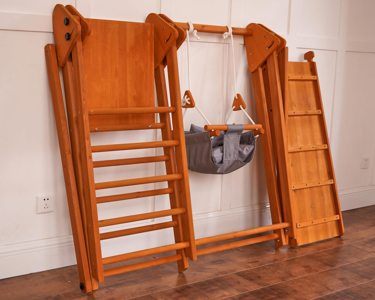 Avenlur 4-in-1 Juniper Outdoor Play Gym - Jungle Gym Playset with Baby Swing, Slide, Ladder, and Climbing Wall - Foldable Wooden Playset - Outdoor Jungle Gym for Kids Ages 18mo to 6yrs Avenlur