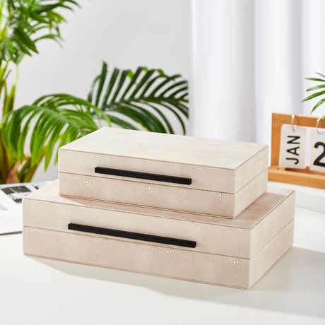 Denique Shagreen Decorative Boxes Set of 2, Leather Jewelry Storage Box Modern Storage Boxes with Lids, Ivory Stacking Boxes with Black Metal Handles Home Organizer Box Denique