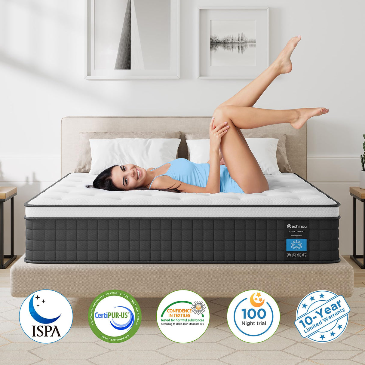 PECHINOU King Size Mattress, 10 Inch Gel Memory Foam Hybrid King Mattress in a Box, Individual Pocket Springs, Sleep Supportive Pressure Relief, Medium Firm & Soft Comfort PECHINOU