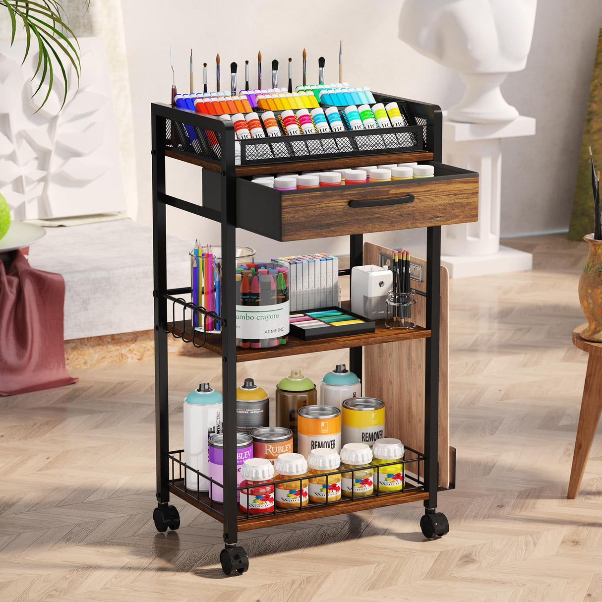 Homsorout 3 Tier Rolling Cart - Metal Utility Cart with Storage Drawer and Wheels, Versatile Art & Craft Organizer for Home, Office, or Studio Ideal for Storing Brushes, Paints, and Supplies Brown Homsorout
