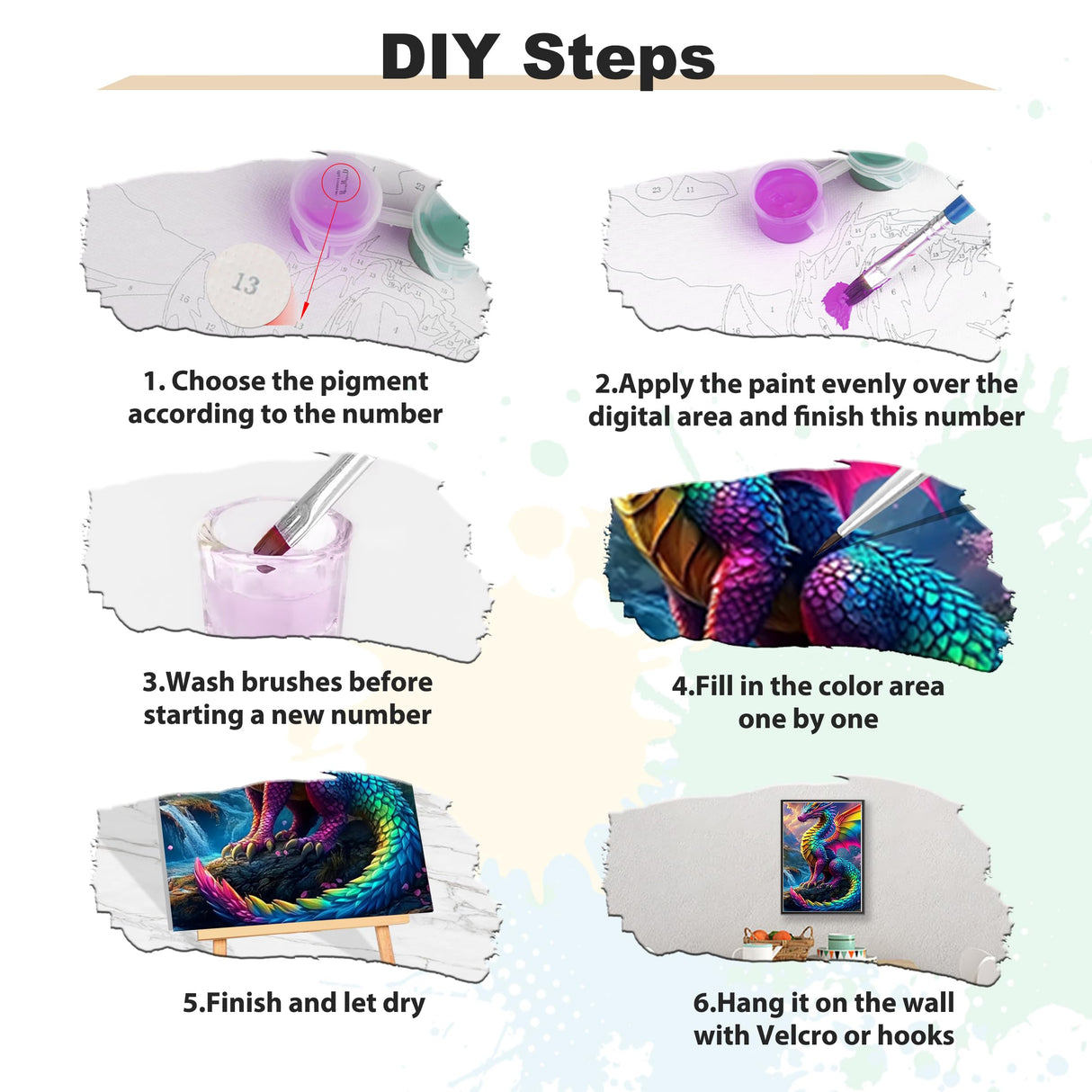 EOBROMD Framed Paint by Numbers Kits for Adults Colourful Dragons, DIY Kits Crafts for Beginner on Stretched Canvas, 3 Paint Brushes and Acrylic Paint for Home Decor 12x16inch EOBROMD