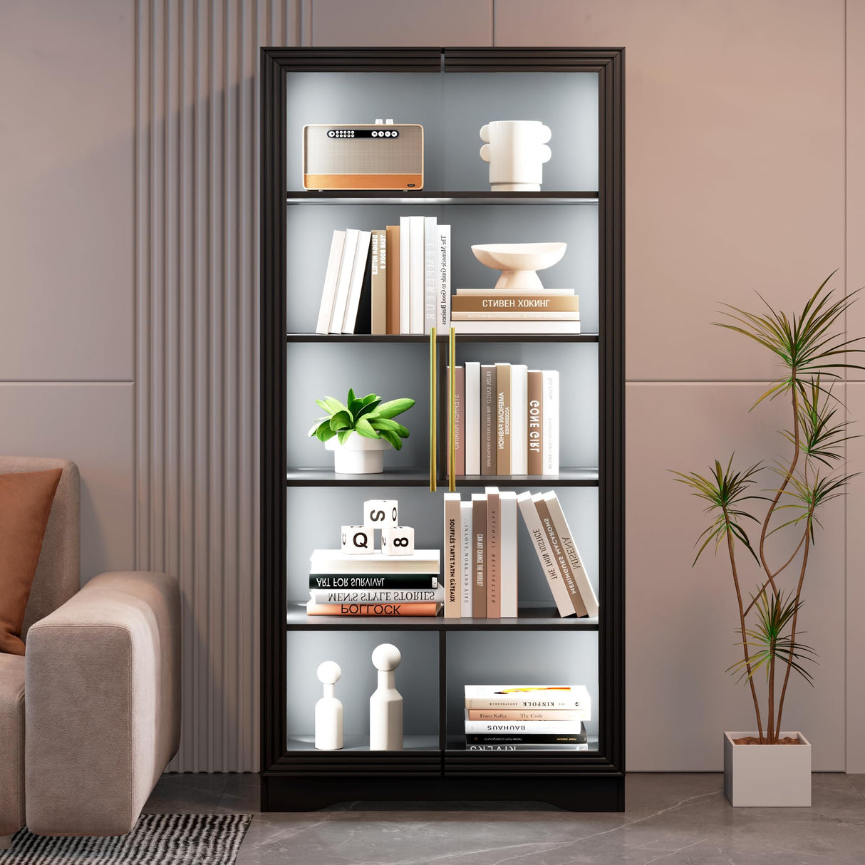 LVSOMT Display Cabinet with Glass Doors, 65" Tall Bookcase with 3 LED Lights/Human Body Sensor, 5 Tier Display Cases for Collectibles, Adjustable Storage Shelves, Home Office, Living Room, Black LVSOMT