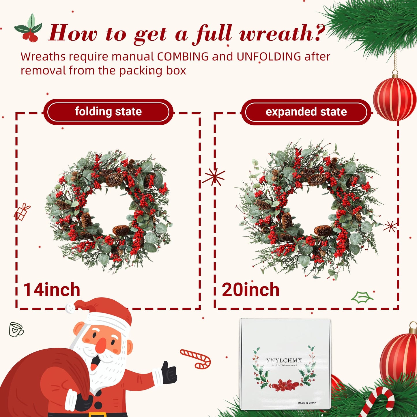 YNYLCHMX 22 Inch Christmas Wreath for Front Door, Winter Wreath with Eucalyptus Leaves Red Berry Pine Cones Pine Needle, Artificial Door Xmas Wreaths for Indoor Farmhouse Holiday Decoration