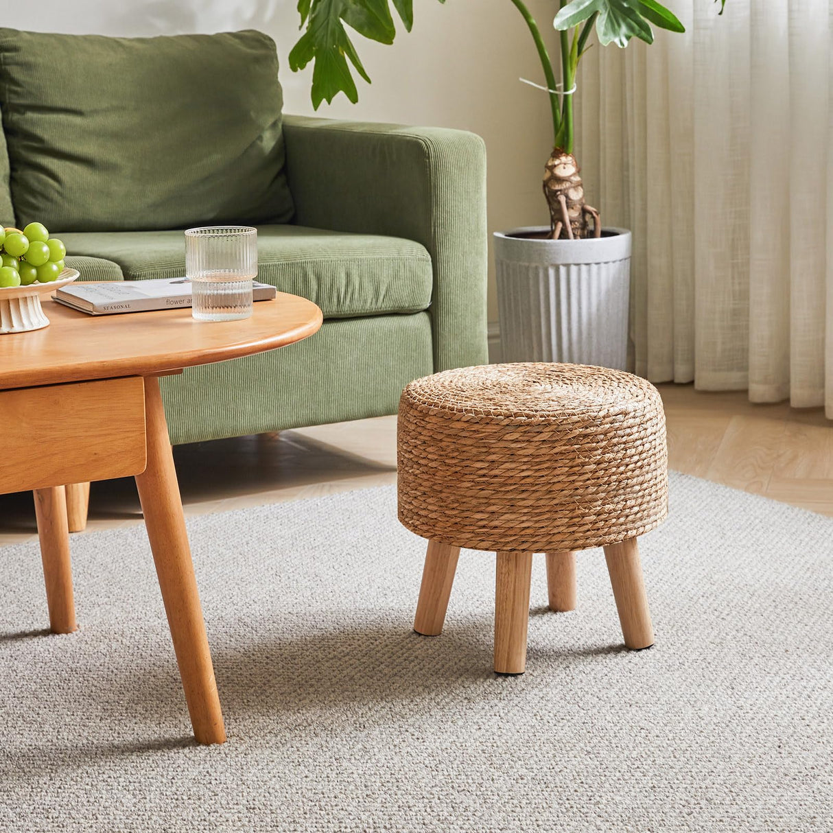 YMYNY Foot Stool Natural Seagrass Hand Weave, 12.6" Small Ottoman, Round Footrest for Living Room, Bedroom, Entryway, Change Shoes Stool, Non-Skid Wood Legs, Boho, Natural, UHBD027N YMYNY
