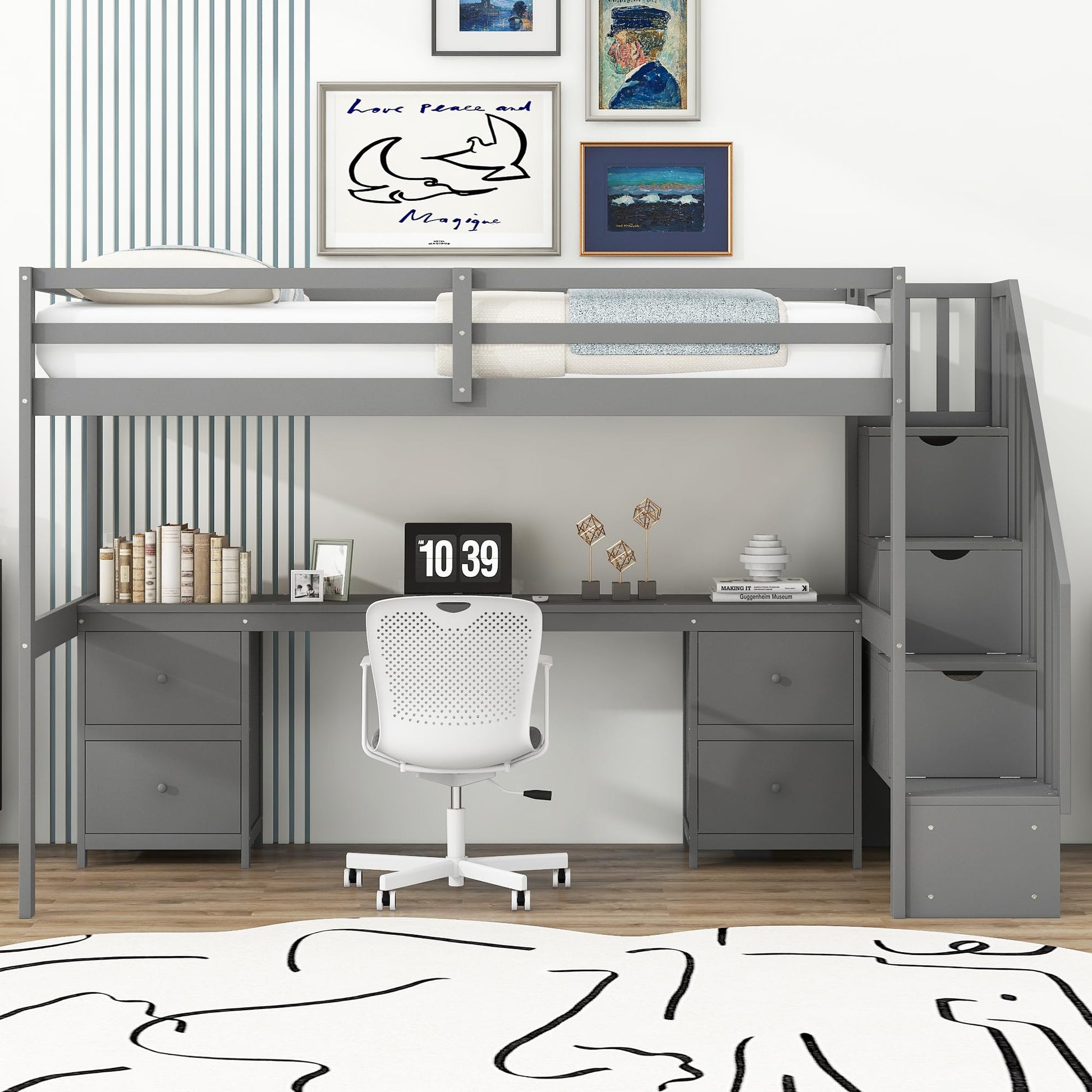 SOFTSEA Twin Loft Bed with Desk, Storage Stairs & Drawers in Grey - WoodArtSupply