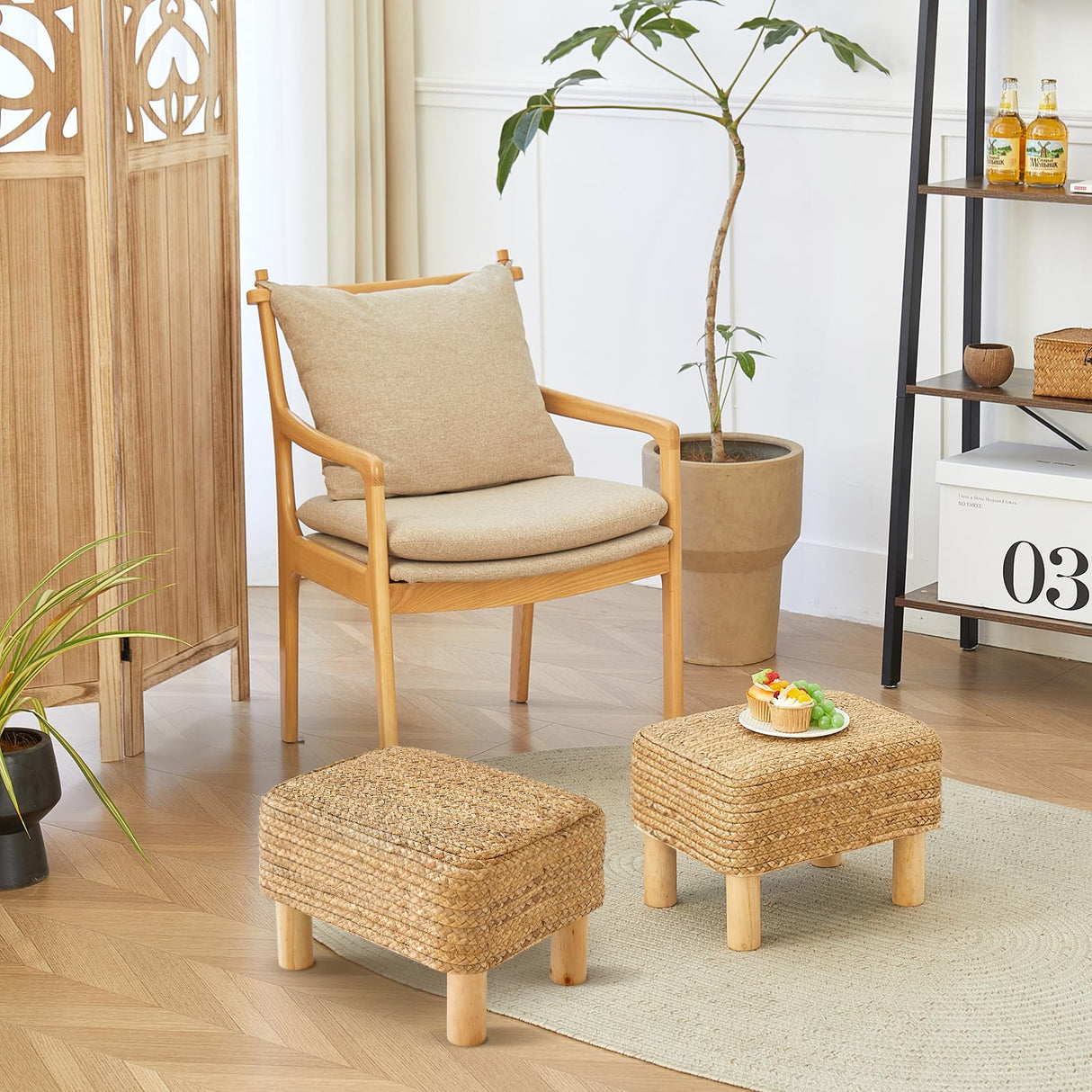 ALeesing Ottoman Foot Stool Rectangular Footrest Natural Seagrass Footstool with Wooden Legs Hand Weave Multifunctional Modern Dressing Stool, Sofa Side Table for Bedroom for Living Room (Nature) ALeesing