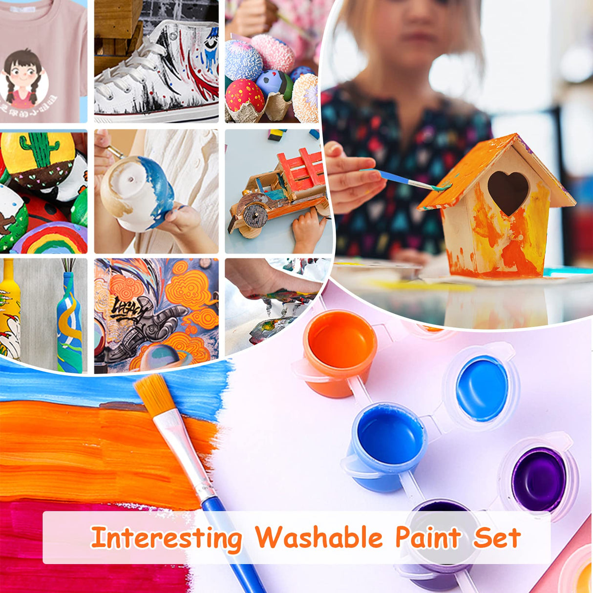 10 Pack Washable Acrylic Paint Set for Kids Arts and Crafts,140 PCS Gouache Watercolor Paint Sets of 12 Colors for Party Classroom Painting Supplies, 10 Pairs Flat and Pointed Brushes MicoSim