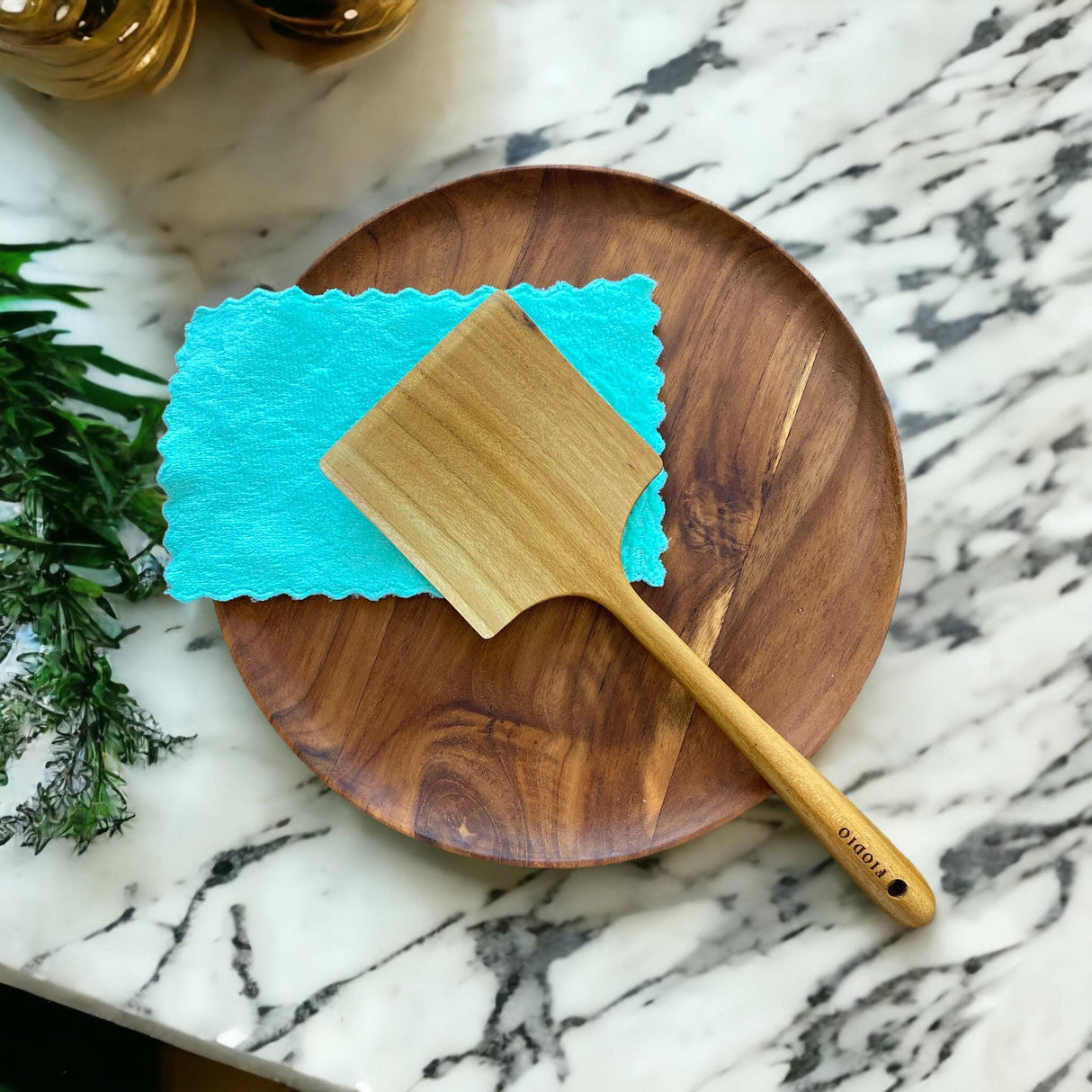 Fiodio Home Teak Wide Wooden Spatula with Microfiber Cloth - Natural Non-Stick Healthy Kitchen Utensils - Handcrafted with Comfort Grip FIODIO HOME