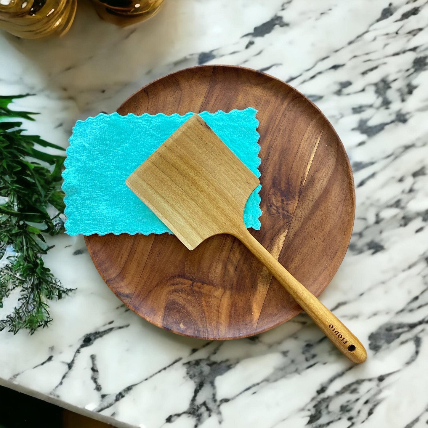 Fiodio Home Teak Wide Wooden Spatula with Microfiber Cloth - Natural Non-Stick Healthy Kitchen Utensils - Handcrafted with Comfort Grip