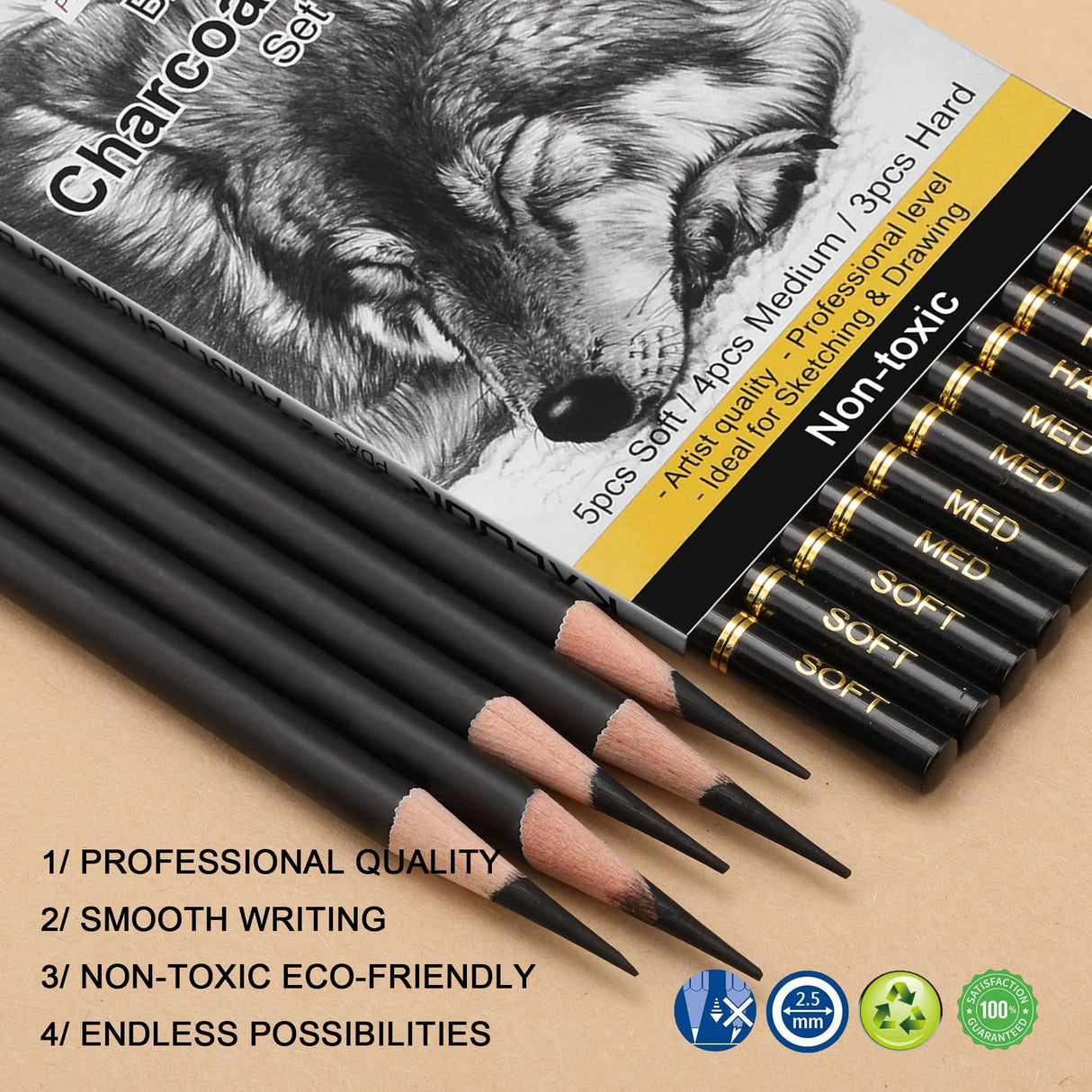KALOUR Professional Charcoal Pencils Drawing Set -12 Pieces Soft, Medium and Hard Charcoal Pencils for Drawing, Sketching, Shading, Artist Pencils for Beginners & Artists KALOUR