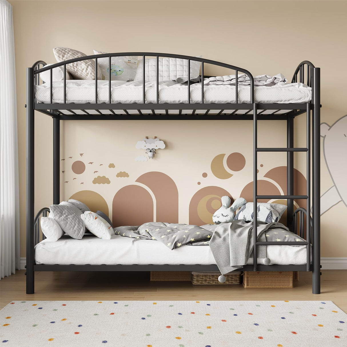 GarveeHome Metal Bunk Bed Twin Over Twin, Heavy Duty Bunkbeds Frame with Arched Guardrail and Safety Ladder, Sturdy Steel Bed for Kids Boys Girls, Space-Saving, No Box Spring Needed, Modern Black GarveeHome