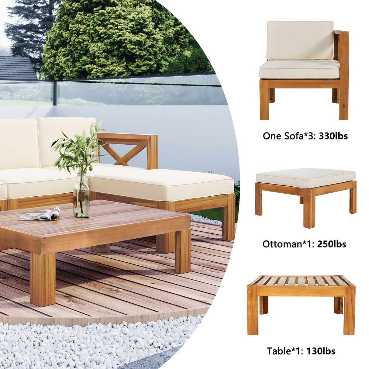 Acacia Wood 5-Piece Patio Sectional Sofa Set, Wood Furniture Set with Coffee Table and Soft Cushions, Outdoor Conversation Sets with Slatted Tabletop, Sectional Sofa Sets for Garden, Poolside, Beige FAROUCHE