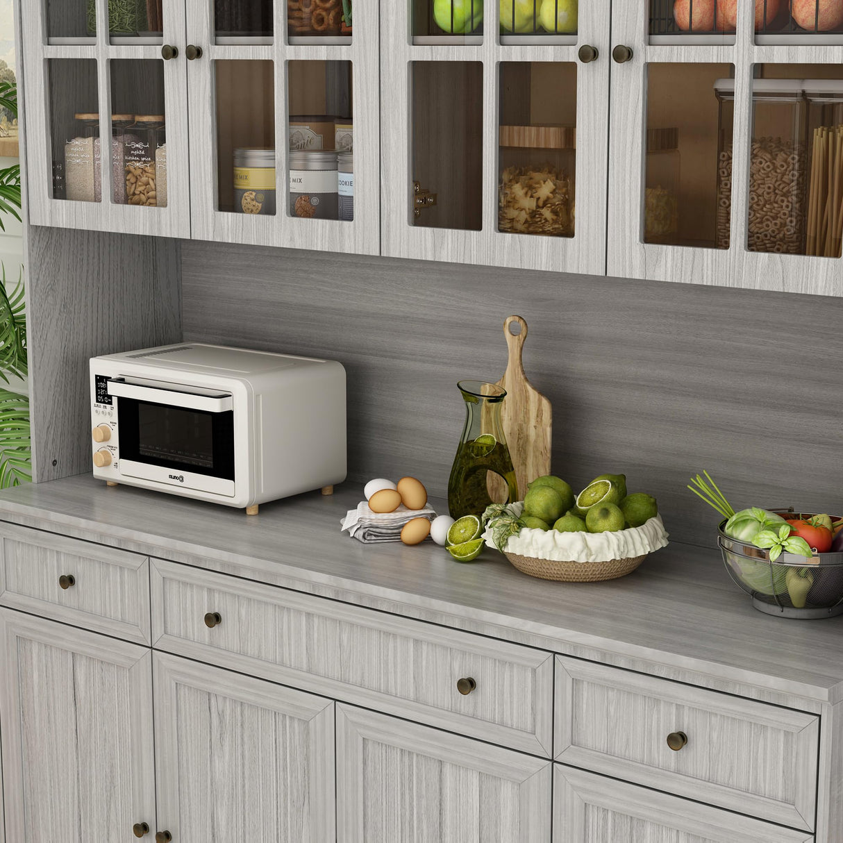 Homsee Large Kitchen Pantry Storage Cabinet with Glass Doors & Hutch, 75.9" Kitchen Buffet Cabinet Cupboard with Drawers and Multi-Tier Shelves for Dining Room, Living Room, Grey Homsee