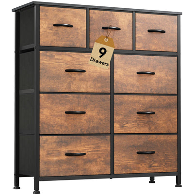 DWVO Dresser with 9 Drawers - Fabric Storage Tower, Organizer Unit for Living Room, Hallway - Sturdy Steel Frame, Wooden Top & Easy Pull Fabric Bins
