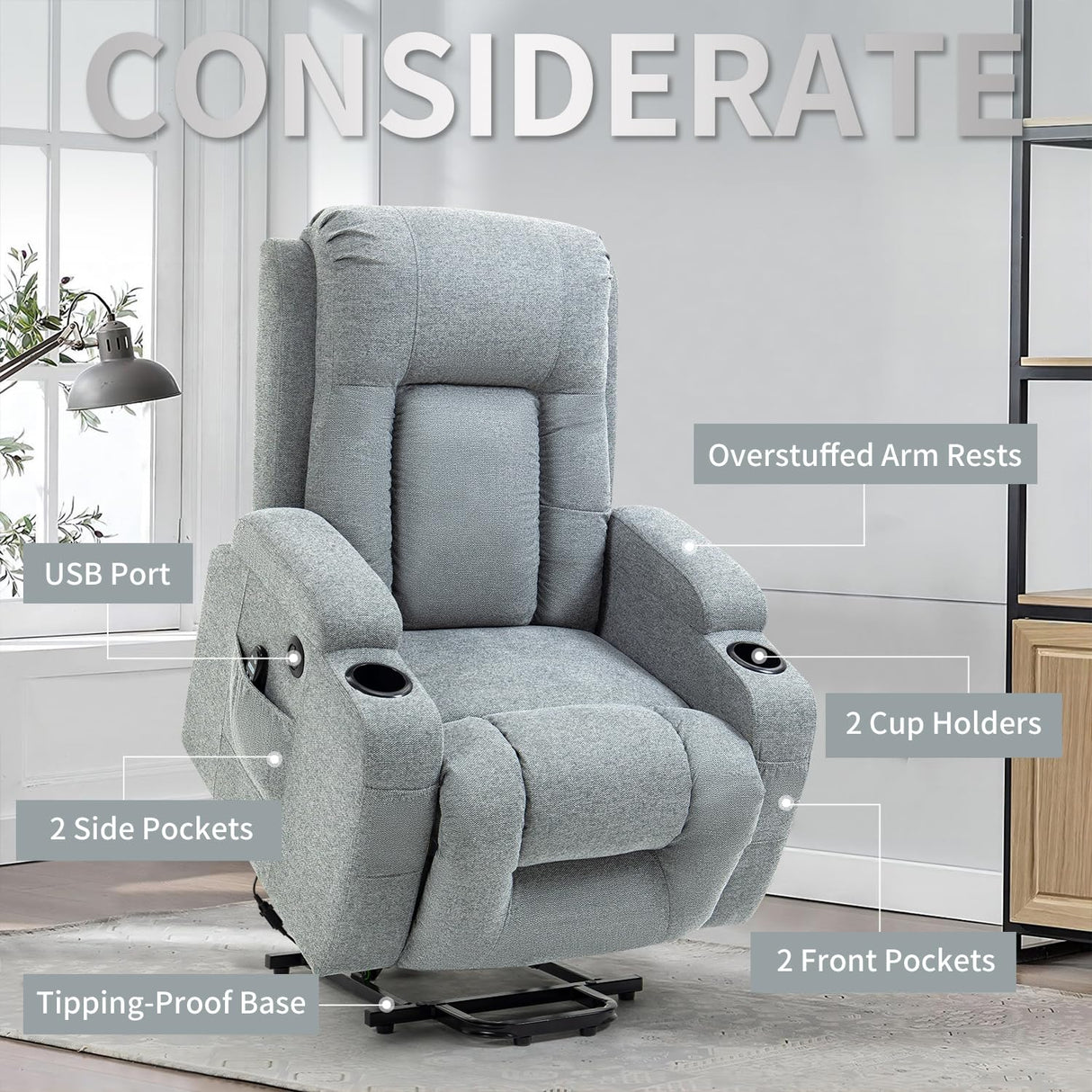Trustyue 2024 Power Lift Recliner Chair with Heat and Massage for Elderly, Electric Recliner Chairs with Standing Assistance, 2 Cup Holders, 4 Pockets, USB Charge Port, Linen Fabric Teal Gray Trustyue