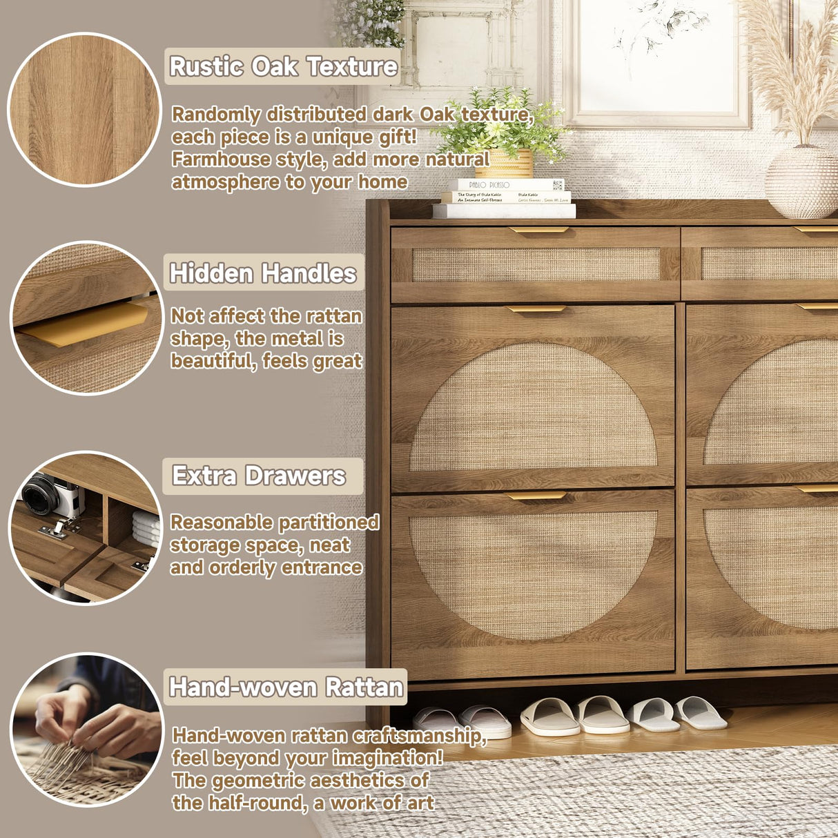 WINWY Rattan Shoe Storage Cabinet with 4 Flip Drawers & 2 Drawers, Freestanding Organizer for Front Door Entrance, Hidden Narrow Shoe Rack Cabinet Storage for Entryway, Rustic Oak Rattan WINWY