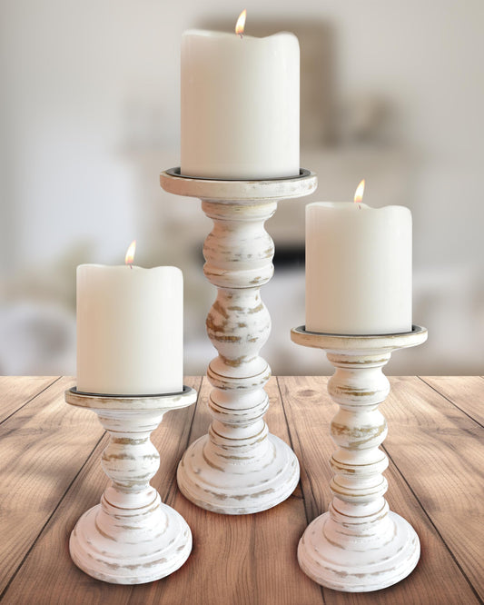 Wood Candle Holders for Pillar Candles (Set of 3) Tall Large Rustic Pillar Candlestick Stands - Fits Both 4 inch and 3 inch Wide Pillar Candles - Modern Farmhouse Decor (Antique White)