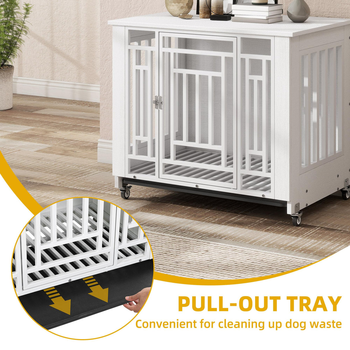 DWVO Dog Crate Furniture with Wheels, 32 Inch Dog Kennel Indoor Heavy Duty End Table Dog Crate for Small Medium Dogs, Decorative Wooden Dog Cage Table with Removable Tray, Chew-Resistant, White DWVO