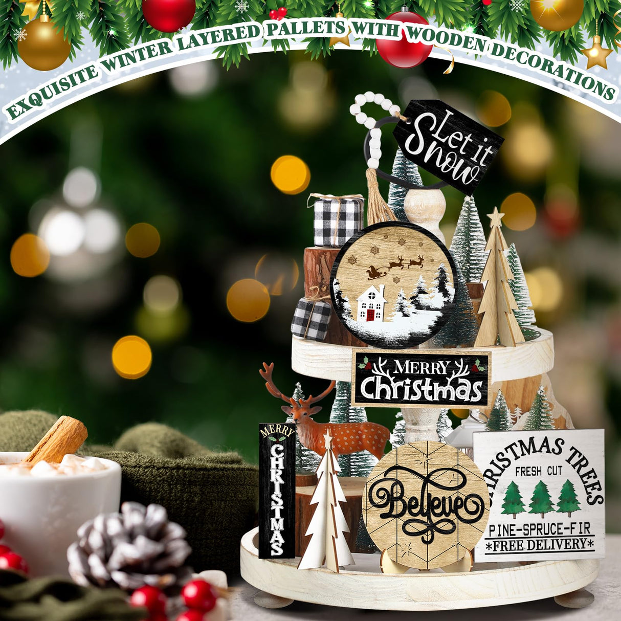 Christmas Tiered Tray Decor Christmas Trees Merry Christmas Let It Snow Wooden Signs Christmas Table Decorations Centerpieces Rustic Farmhouse Decor for Xmas Winter Home Table Shelf Tradder