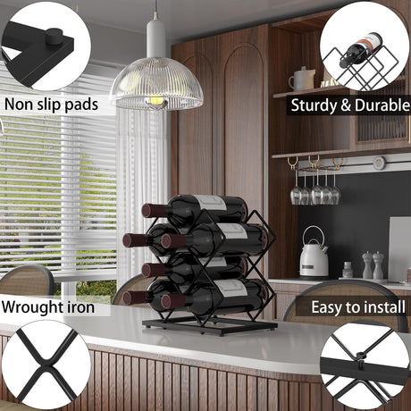 KOKSTOP Countertop Wine Rack, 6 Bottles Wine Storage Capacity, Modern Corner Metal Wine Bottle Holder for Bar, Cabinet, Pantry, Tabletop Wine Racks for Cup and Water Bottle – Black KOKSTOP