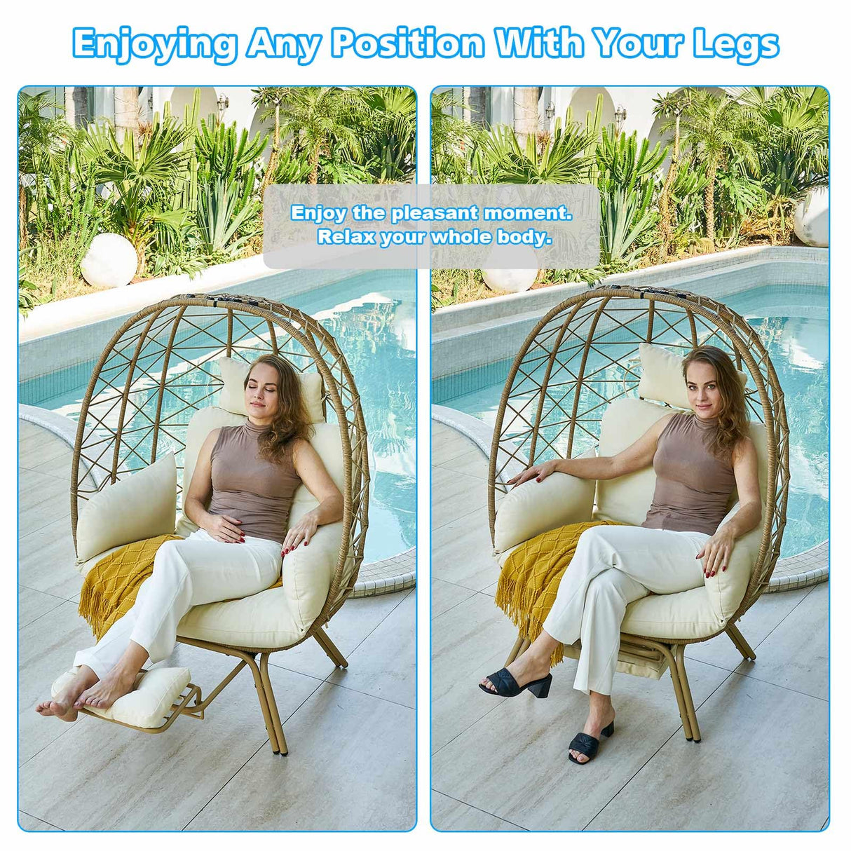 Outlux Wicker Egg Chair with Cushion & Footrest - Oversized 450lb Capacity Boho Hanging Chair for Indoor/Outdoor - Beige Rattan Lounge Seat for Patio, Balcony, Garden Outlux