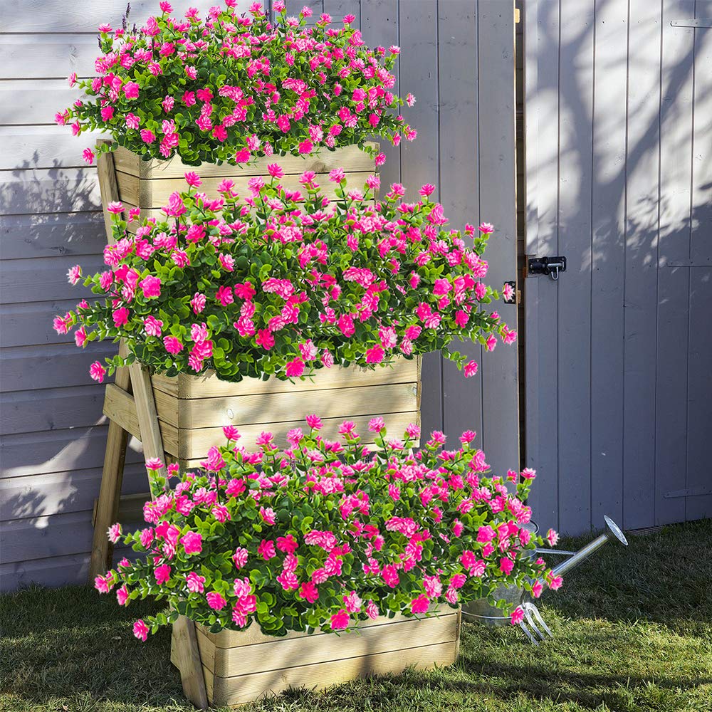 Grunyia 10 Bundles Artificial Fake Flowers, Faux Outdoor Plastic Plants UV Resistant Shrubs Outside Indoor Decorations (Pink-Eucalyptus) Grunyia