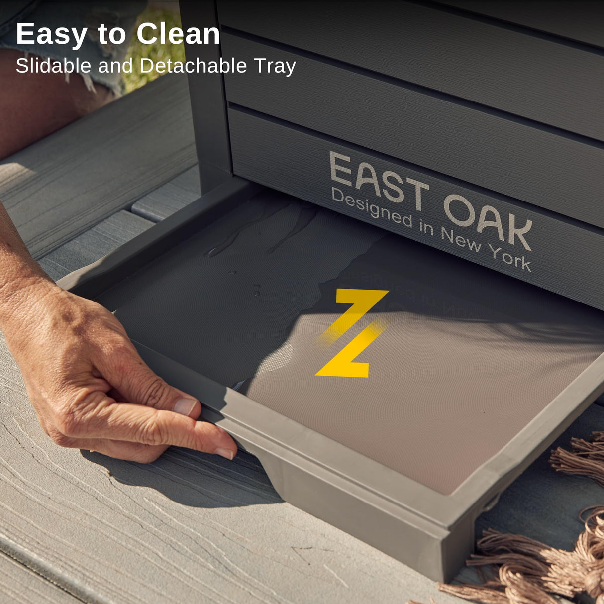 EAST OAK 38 Gallon Outdoor Trash Can | Waterproof Resin Garbage Can with Tiered Lid & Drip Tray | Outside Trash Bin for Patio | Kitchen, Backyard & Deck | Gray Color EAST OAK