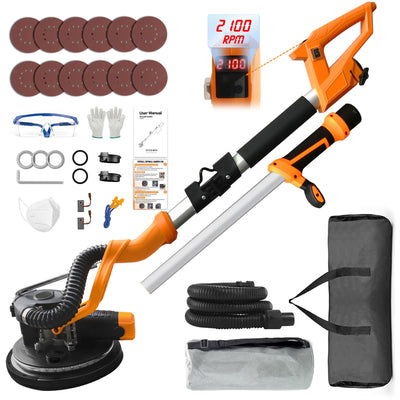 POPBULL Electric Drywall Sander (1050W) With Vacuum, Heavy Duty Drywall Sander with LCD Digital Display,9 Variable Speed 800-2100RPM,Foldable & Extendable Handle,12pcs Sanding Discs,Wood Floor etc