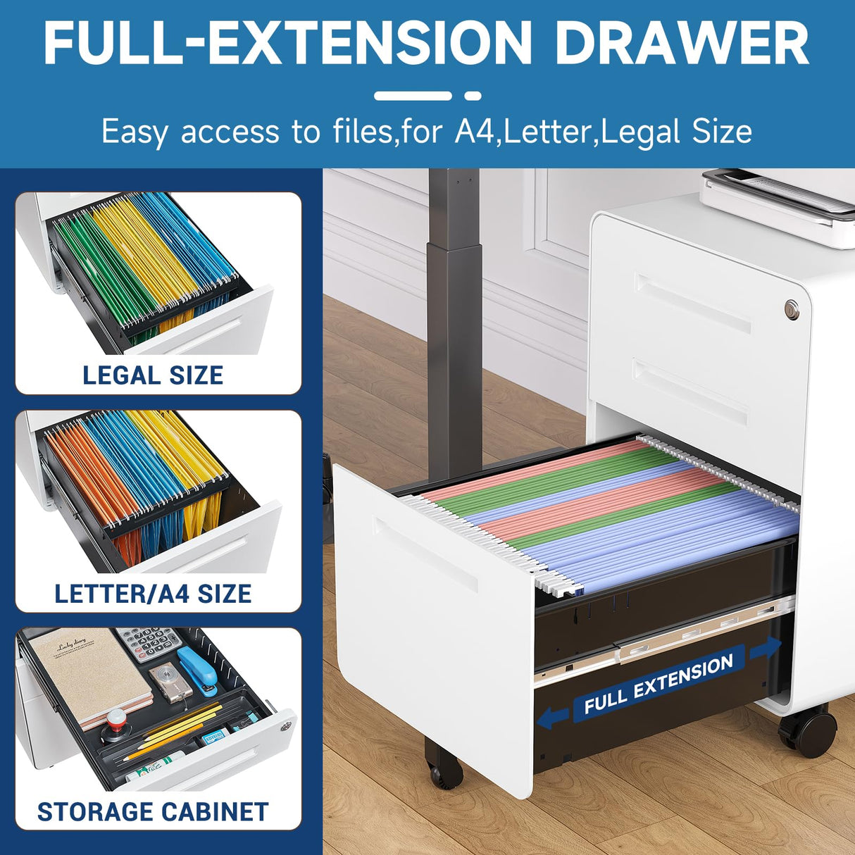 AFAIF 3 Drawer File Cabinet with Lock, Metal Filing Cabinets for Home Office, Small Rolling File Cabinet Under Desk Office Drawer Mobile Storage Cabinet fits Letter/Legal/A4 Size, White AFAIF