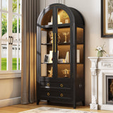 LVSOMT 71" Tall Arched Storage Cabinet with Glass Doors and Drawers, Curio Display Cabinet with Adjustable LED Light & Human Sensor, 4-Tier China Cabinet for Living Room(Black) LVSOMT