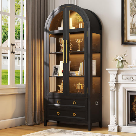 LVSOMT 71" Tall Arched Storage Cabinet with Glass Doors and Drawers, Curio Display Cabinet with Adjustable LED Light & Human Sensor, 4-Tier China Cabinet for Living Room(Black) LVSOMT