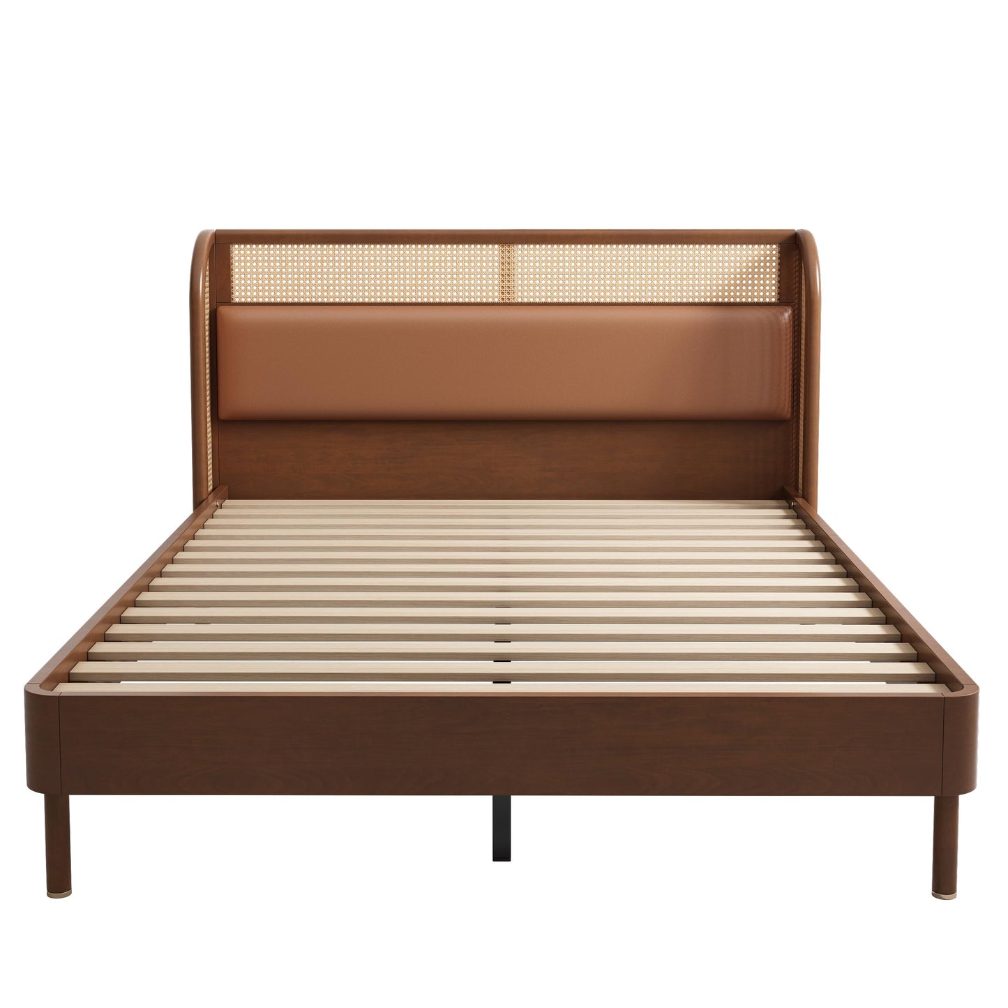 SOFTSEA Queen Size Bed Frame with Upholstered Headboard, Rattan Wingback Platform Bed, Faux Leather Headboard, Wood Slat Support, No Box Spring