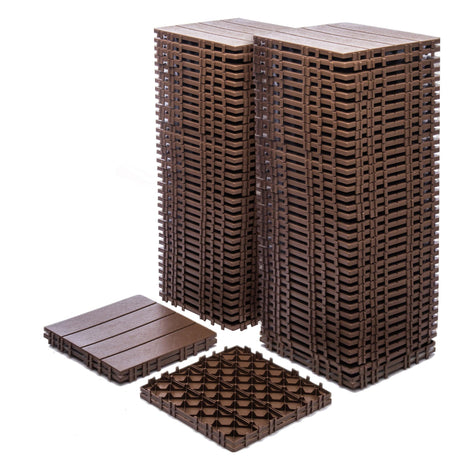76 Pack Interlocking Deck Tiles, 11.42"x11.42" (68.80 Sq.Ft), 3D Wood Grain Plastic, Waterproof All-Weather Anti-Slip Outdoor Flooring, Easy-Snap Patio Balcony Backyard Garden Tiles, Brown UXENAFANA
