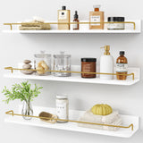 Forbena 24 Inch Bathroom Floating Shelves for Wall Set of 3, Gold Bathroom Shelves Over Toilet Wall Mounted with Rail, Decorative Hanging Shelf for Bedroom Office Living Room Decor (White and Gold) Forbena