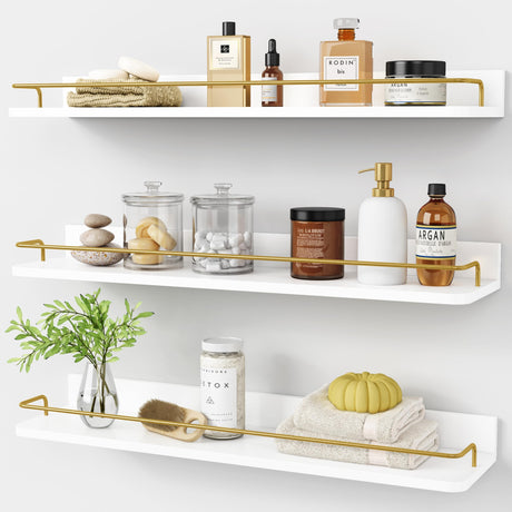 Forbena 24 Inch Bathroom Floating Shelves for Wall Set of 3, Gold Bathroom Shelves Over Toilet Wall Mounted with Rail, Decorative Hanging Shelf for Bedroom Office Living Room Decor (White and Gold) Forbena