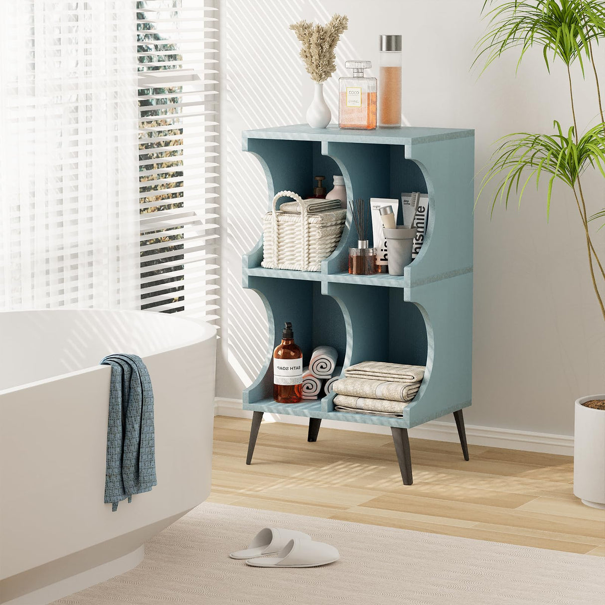 Aenuert Blue 4-Cube Modern Bookshelf - Stylish Open Storage Display Cabinet for Home and Office Aenuert