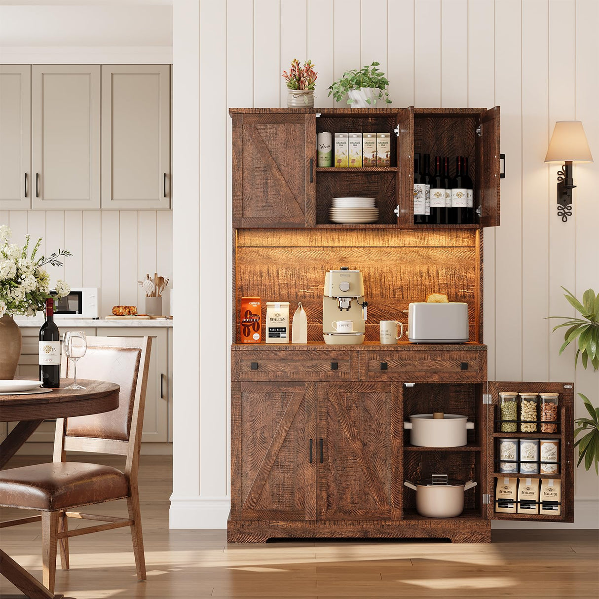 ELYKEN 71" Tall Ktchen Pantry Cabinet with Charging Station & LED Lights, Farmhouse Kitchen Hutch Cabinet with Microwave Stand & Large Countertop for Dining Room Living Room, Brown ELYKEN