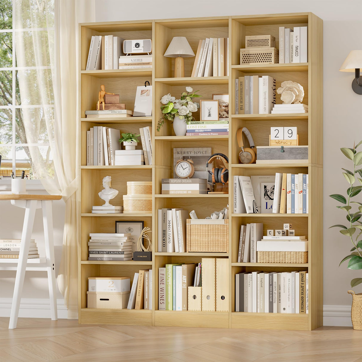 FACBOTALL Triple Wide Bookshelf, 6 Tier Large Bookshelf, Bookcase with 17 Open Display Shelves, 74'' Tall Bookcases and Bookshelves for Living Room, Home Office, Library, Natural FACBOTALL