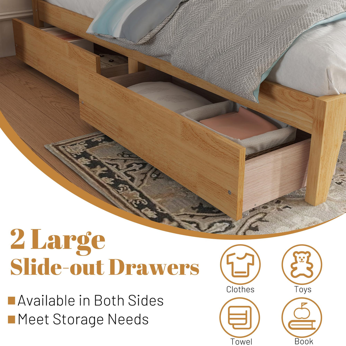 MoproBeti Full Bed Frame with Rattan Headboard,Rubber Wooden Boho Bed Frames with 2 Storage Drawers and Support Legs,No Box Spring Needed, White Oak MoproBeti